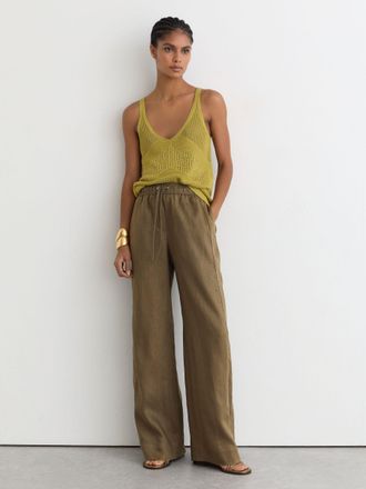 Reiss Womens Khaki Green Linen Ladder-embroidery Wide-leg Trousers, 12R