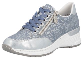 Rieker Sneaker RIEKER, Damen, Gr. 36, blau (hellblau), Lederimitat, metallic, Schuhe Sneaker, mit Lettern bedruckt, Freizeitschuh, Halbschuh, Schn&uuml;rschuh
