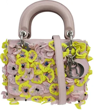 Dior Lady Dior Flower Charm Embellished Leather Pink Leather Handbag (Pre-Owned)