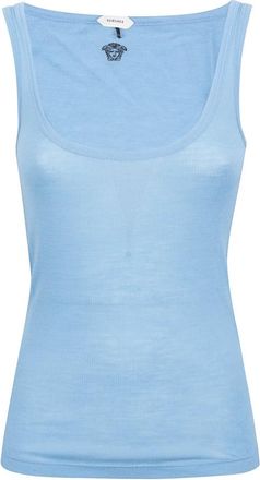 Versace Geborduurde Ribgebreide Wollen Tanktop - Dames - Tops zonder mouwen - Blauw - M - Wol - Tops