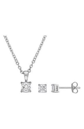 Delmar Cushion Cut Cubic Zirconia Stud Earrings & Pendant Necklace Set in White at Nordstrom Rack