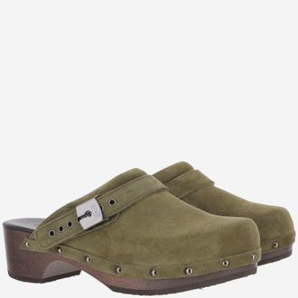 Scholl Suede and Wood Clog - Khaki