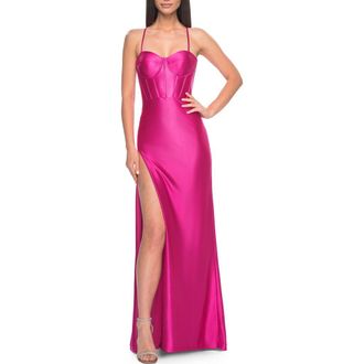 La Femme Neon Stretch Satin Gown with Bustier Top and Lace Up Back in Hot Fuchsia at Nordstrom, Size 00