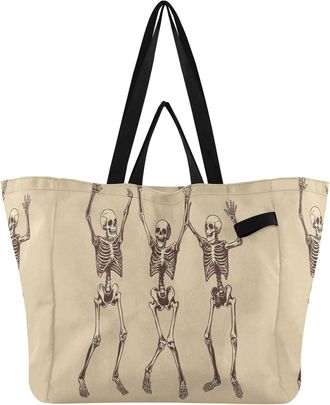 Generic Skeleton Group Beige pattern Reusable Canvas Tote Bag, Heavy Duty Grocery Shopping Bag with Hard Bottom Double Handles Large Capacity Work Groceries T