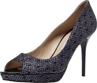 Jimmy Choo London Black Lace Glitter Luna Peep Toe Platform Pumps