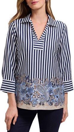Foxcroft Julia Stripe Paisley Shirt in Blue Multi at Nordstrom, Size Large