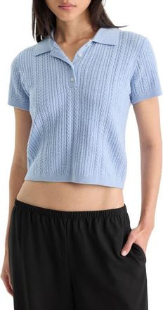 Good American The Micro Cable Merino Wool Polo in Sky at Nordstrom, Size X-Small