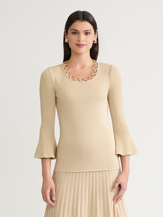 Misook Lurex Crochet Grommet Soft Knit Top in Biscotti/gold at Nordstrom, Size Xx-Large