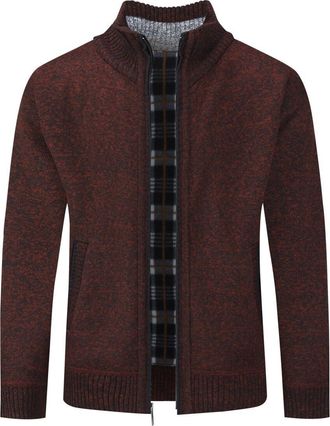 AlltheMen Cardigan Mens Fleece Lined Winter Causal Knitted Sweater Full Zipper Slim Fit Sweater Jacket 8758 Wine Red XXL
