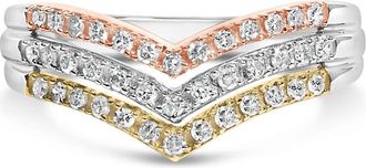House of Brilliance 10K Gold Plated Sterling Silver 1/3 Cttw Tri-Color Chevron Diamond Stackable Ring