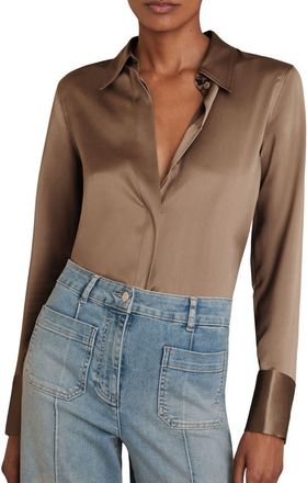 Reiss Ameira Silk Satin Button-Up Shirt in Taupe Brown at Nordstrom, Size 12 Us