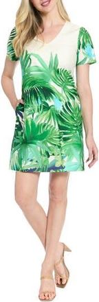 London Times Tropical Print Short Sleeve Stretch Cotton Sheath Dress in Cream/Green at Nordstrom Rack, Size 10P