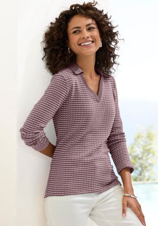 Vivance Langarm-Poloshirt VIVANCE aus strukturierter Strickqualit&auml;t, Damen, Gr. 32/34, taupe, creme, Strick, Obermaterial: 75% Baumwolle, 25% Polyester, beque