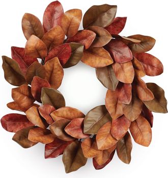 Melrose International Fall Magnolia Leaf Wreath 24D - Orange, Brown, Green