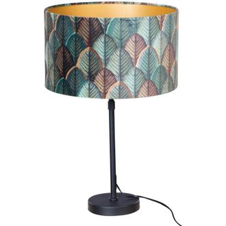 QAZQA Qazqa - Table Lamp Black with Velvet Lampshade Leaf Design and Gold Interior - Parte