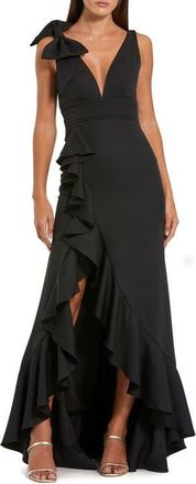 Mac Duggal Crepe Sleeveless Ruffled V-Neck Gown With Bow in Black at Nordstrom, Size 14