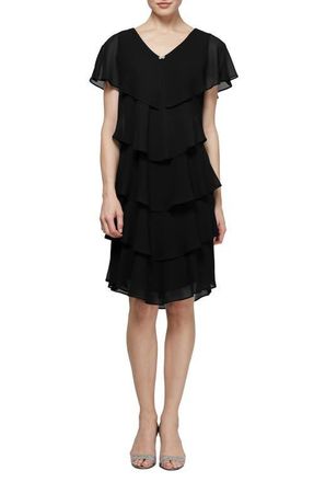 S.L. Fashions Cape Top Tiered Georgett Dress in Black at Nordstrom, Size 10 P