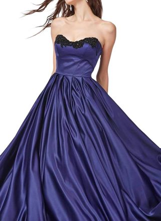 Angela & Alison Satin Prom Dress In Midnight Blue