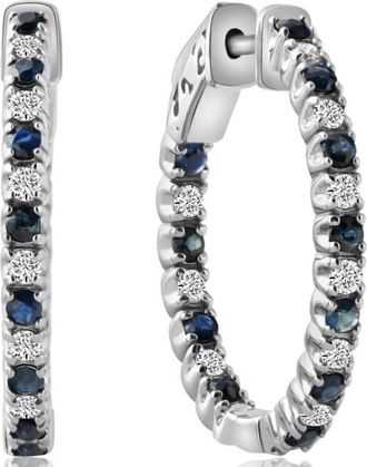 Pompeii3 1.25Ct Diamond & Blue Sapphire Inside Outside Hoops 14k White Gold Lab Grown