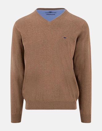 Fynch-Hatton Mens V-Neck Fine Knit Cotton Sweater Affogato - Brown - Size: 46