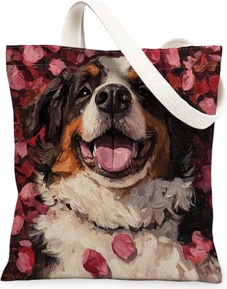 Generic Valentines Day St. Bernard Dog Canvas Tote Bag for Shopping 13x15, Lover Rose Puppy Reusable Grocery Print Pattern Bag for Women, Pet Beach Aesthetic 