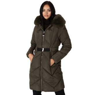 Lovedrobe Womens Winter Jacket Ladies Coat Quilted Padded Faux Fur Hood Belted Puffa Zip Front Pockets Puffer Outerwear, Khaki, 12