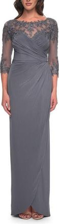 La Femme Long Jersey Evening Dress with Lace Detail Neckline and Sleeves in Gunmetal at Nordstrom, Size 10