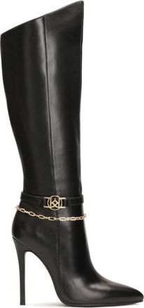 Kazar Zwarte hoge stiletto laarzen met decoratieve ketting. Dit product valt groot uit. - Dames - Laarzen met Hak - Zwart - 36 EU - Leer - Schoenen