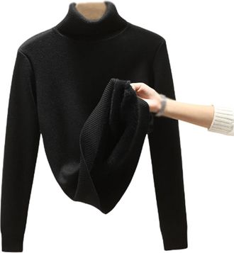 Generic Winter Fleece Thick Knitted Bottoming Shirt, Casual Soft Thermal Turtleneck Sweater for Women (Black)