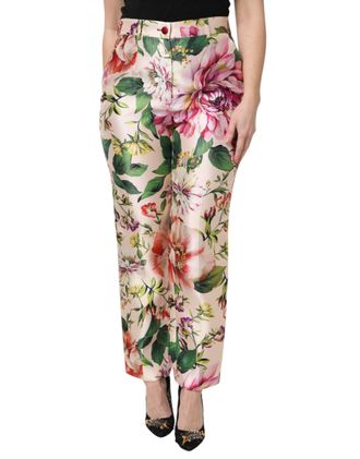 Dolce & Gabbana Womens Multicolor Floral High Waist Straight Pants Silk Polyester