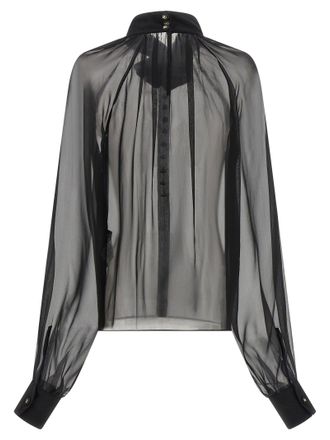 Dolce & Gabbana Silk Chiffon with 3D Floral Collar Blouse - Black