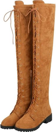 Agodor Womens Flat Lace up Over The Knee Boots Low Chunky Heel Riding Thigh High Boots (UK 10.5, brown)