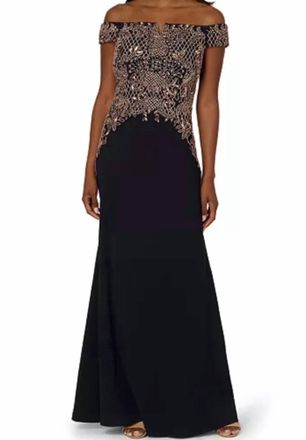 Adrianna Papell Beaded Crepe Long Dress In Midnight Rose