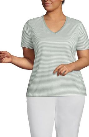 Lands End Supima Cotton V-Neck T-Shirt in Lily Pad Green Micro Stripe at Nordstrom, Size 2X