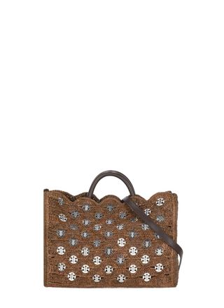Paco Rabanne Brown Woven Metal Disc Raffia Large Tote Bag