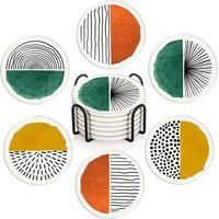 OEM Juego De 6 Posavasos Redondos De Cer&aacute;mica Absorbente Con Un Sencillo Estilo Retro, Decorados Con Grafitis, Perfectos Como Regalo Decorativo Para Un Do