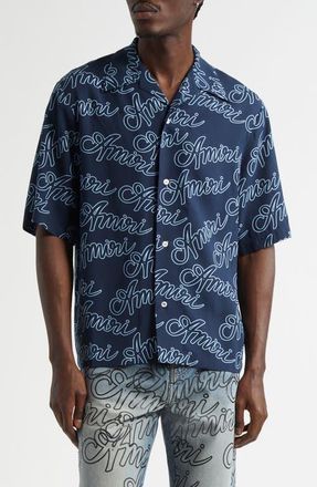 Amiri Script Bowling Shirt in Midnight Blue at Nordstrom, Size Xx-Large