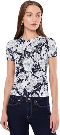 Lauren Ralph Lauren Floral Cotton-Blend Short Sleeve Sweater Womens Sweater White/Navy : SM, Cotton/Viscose