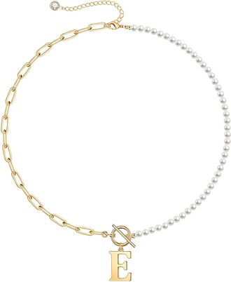 Rachel Glauber Rg 14K Gold Plated Initial Pearl Link Chain Necklace