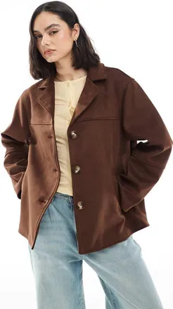 Asos faux suede button front jacket in mocha-Brown