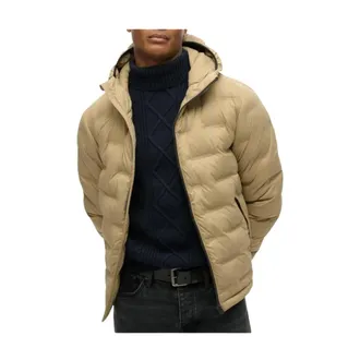 Superdry Winter Jackets, male, Beige, Size: XL Hooded Zip-Up Jacket with Front Pockets