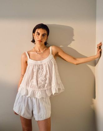 Topshop Canottiera bianca ricamata a fiori in coordinato-Bianco