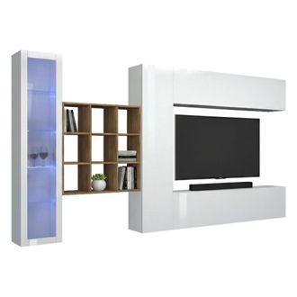 Dmora Pared Equipada Dcapann, Conjunto De Sal&oacute;n Mueble De Tv Con 4 Puertas, Mueble De Sal&oacute;n Polivalente Con Vitrina Y Luz Led, 100% Made In Italy, Cm 310x30