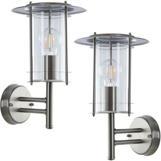 Loops 2 PACK IP44 Outdoor Wall Light Stainless Steel Lantern Glass Round Outdoor Lamp