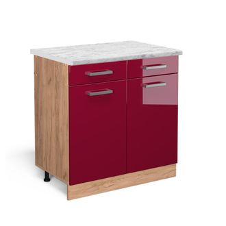 Vicco Mueble Bajo De Cocina R-line, Rojo Burdeos Alto Brillo, 80 Cm Et M&aacute;rmol