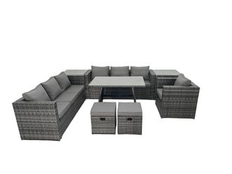 Fimous Rattan Dining Table Sofa Set with 2 Side Tables Small Footstool 9 Seat in Dark Grey