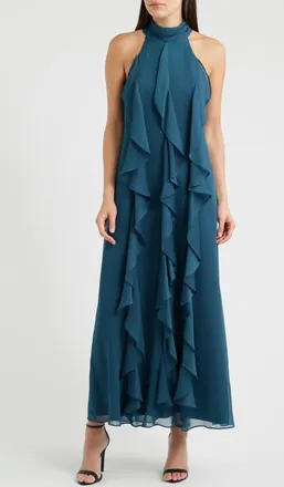 Eliza J Cascade Ruffle Halter Gown in Teal at Nordstrom, Size 14