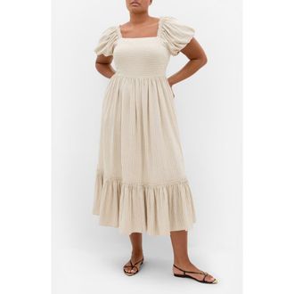 City Chic Simone Stripe Puff Sleeve Midi Dress in Stone/Black at Nordstrom, Size Xxxs