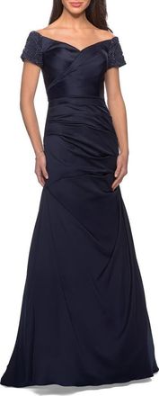 La Femme Off the Shoulder Beaded Satin Trumpet Gown in Navy at Nordstrom, Size 12