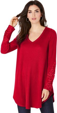 Roaman's Plus Size Knit Thermal Lace Trim Tunic Long Sleeve in Vivid Red at Nordstrom, Size 28